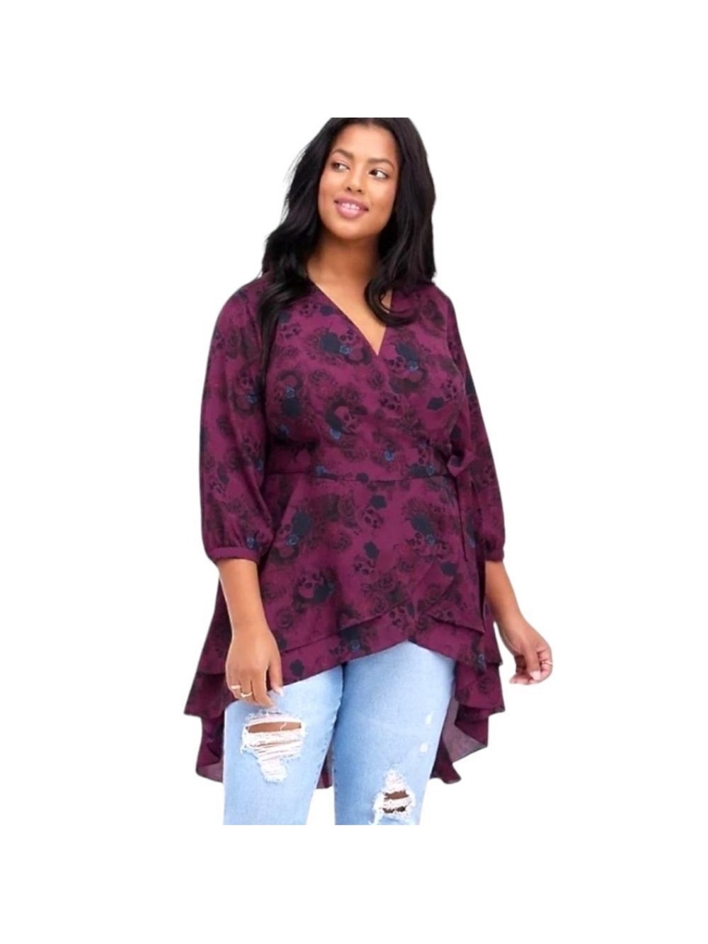 Torrid Wrap Top Georgette Easy-Care Fabric Women 1X Purple Blue Black EUC